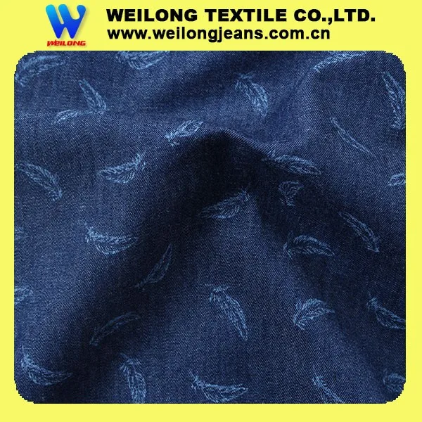 Thin light weight 100% cotton feather printed indigo blue denim fabric for T-shirt cloth