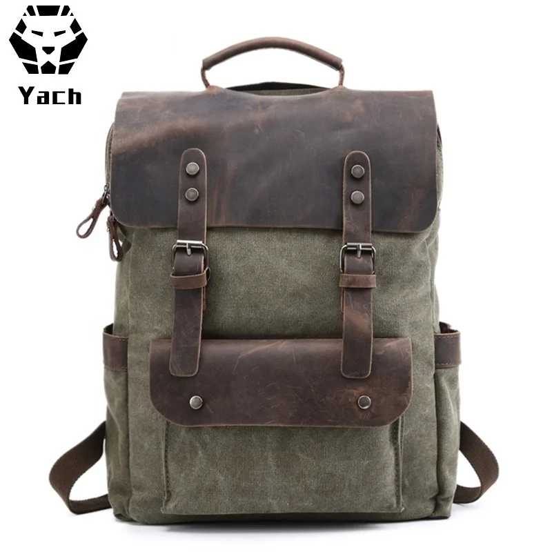 Retro 16Oz washed design daily durable crazy rucksack man back pack bag laptop school mens waxed canvas leather backpack