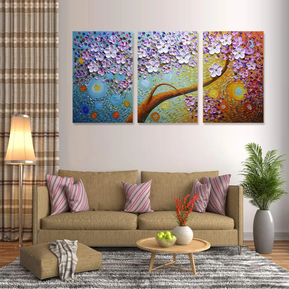 3D-печать-3 Панели Ручная роспись масляная живопись набор Цветочное дерево холст живопись искусство печать роспись художественное украшение