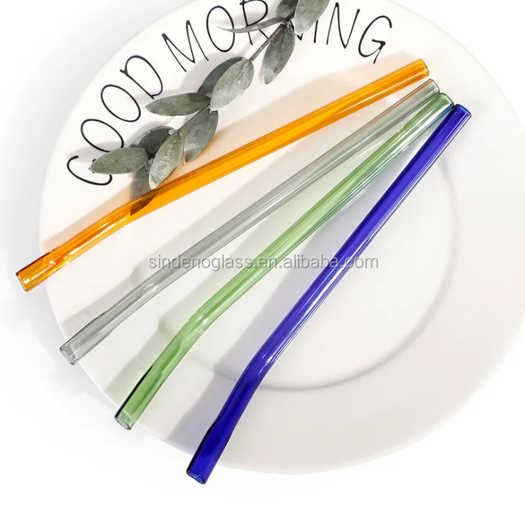 Flat End  Glass Straight Bent Clear Colorful Reusable Glass Drinking Straw With Brush