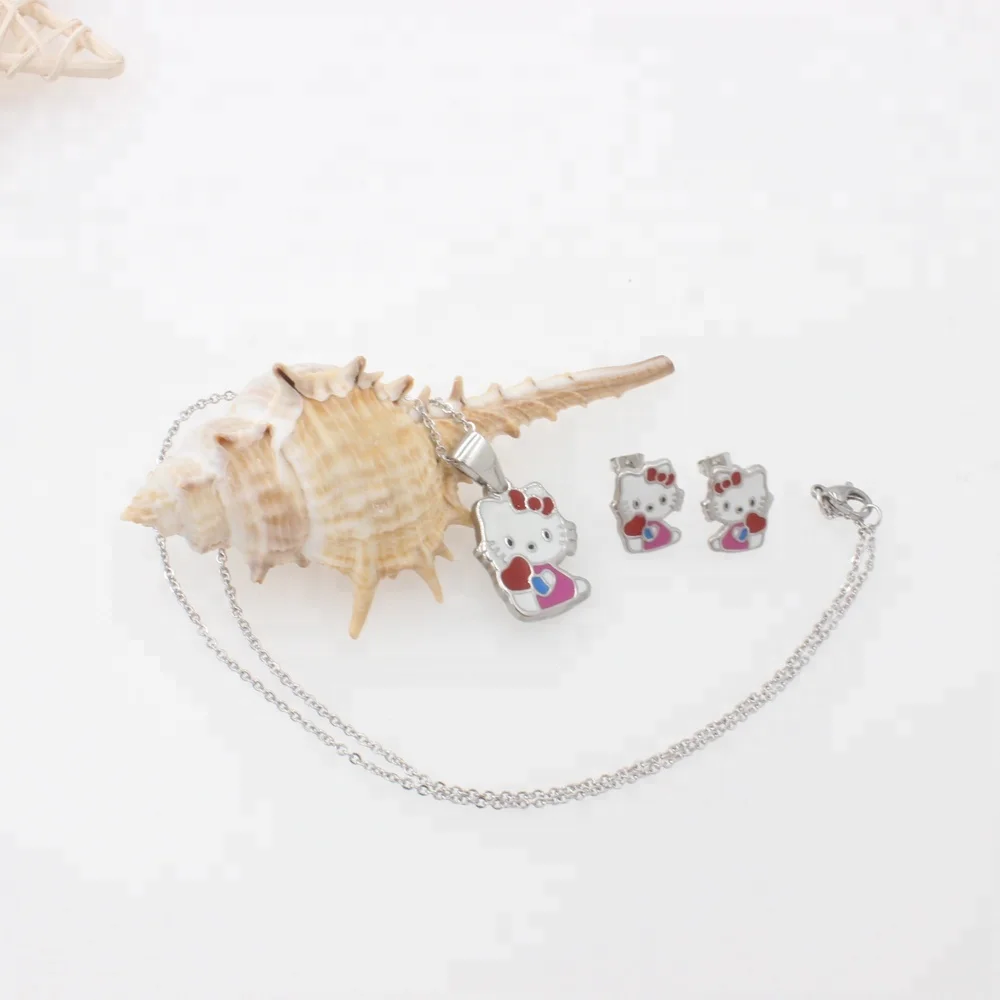 Wholesale Cartoon Kids Children Epoxy Stainless Steel Gold Plated Enamel Jewelry Sets  Earring Pendant Set