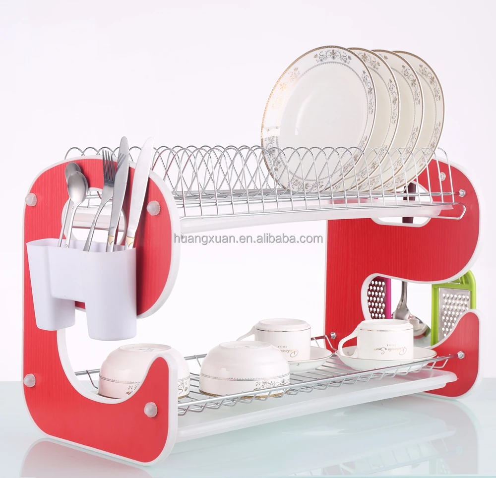 
Kitchen accessory polished two tier metal stainless steel kitchen dish rack wooden dish rack 