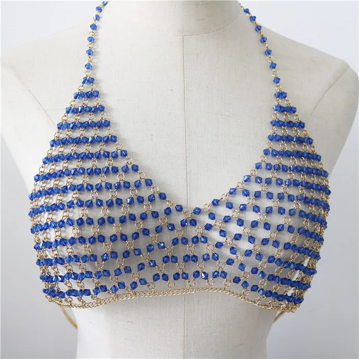 Sexy blue acrylic beaded Chain Bra Bikini bra