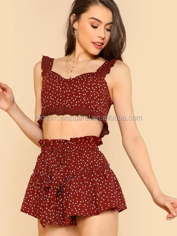 
Ruffle Trim Polka Dot Bustier Top & Shorts Set Manufacture Wholesale Fashion Women Apparel (TA4064SS) 