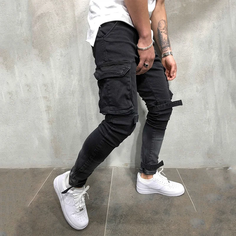 
Wholesale Price Mens Slim Fit Black Cargo Jeans Homme 