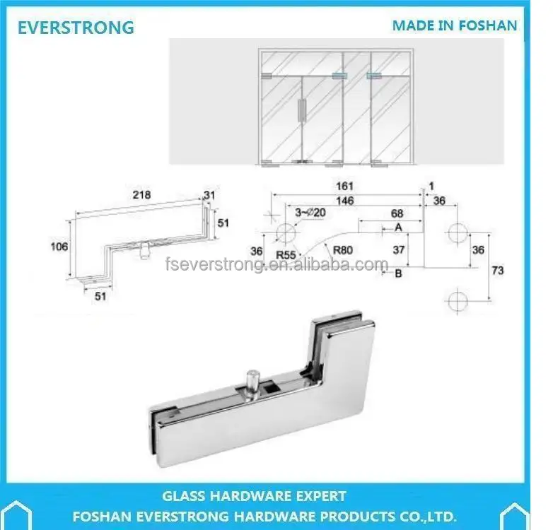 Everstrong I015 stainless steel top glass  patch fitting or curved tempered glass door clip