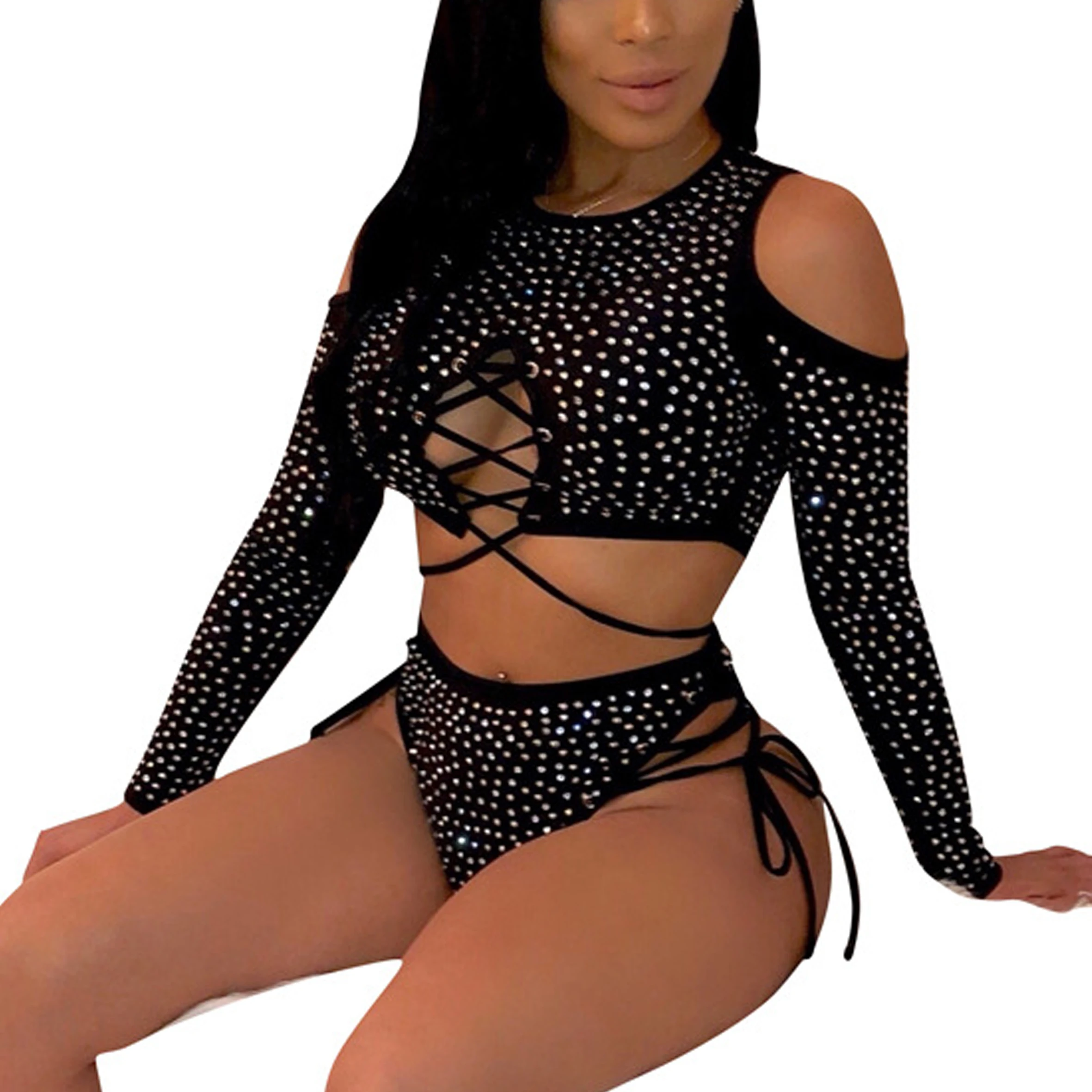 Hollow Out Crystal String Bikini Long Sleeve Bathing Suit