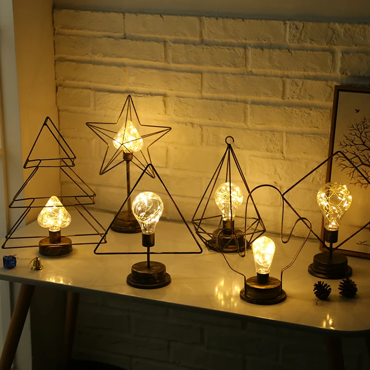 LED brass caged iron battery triangle christmas decoration night metal table lamp light