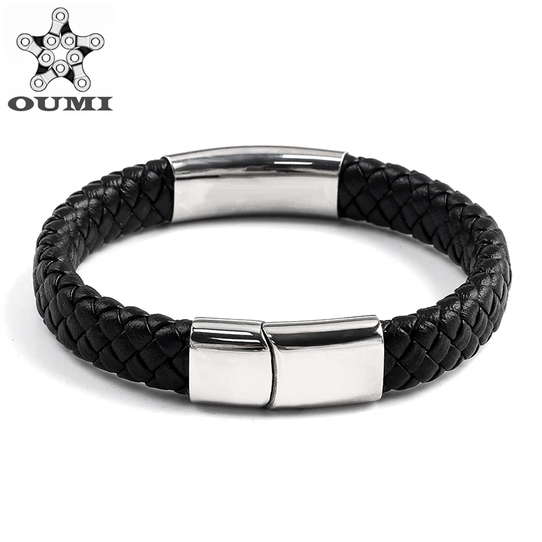 OUMI Classic Style  Braided Leather Bracelet Wristband With Stainless Steel Clasp For Womens&Mens