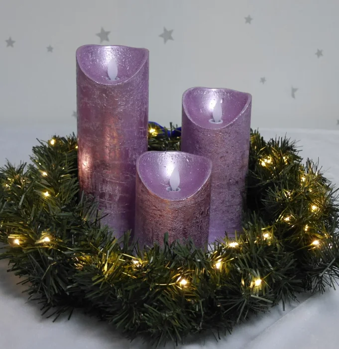 Moving wick flameless LED candle Purple drawing paraffin wax weddings candles