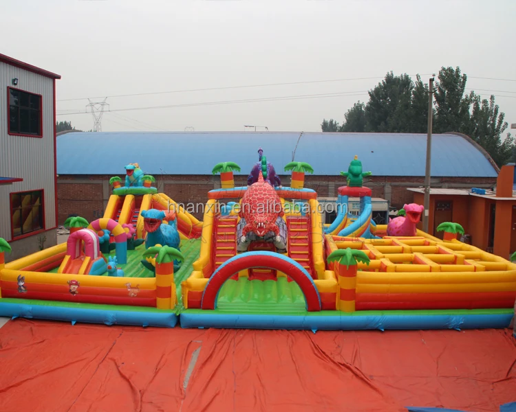 luxury maze playground inflatable dinosaur bouncer with small slide for kids, inflatable playing house tent with arched gate