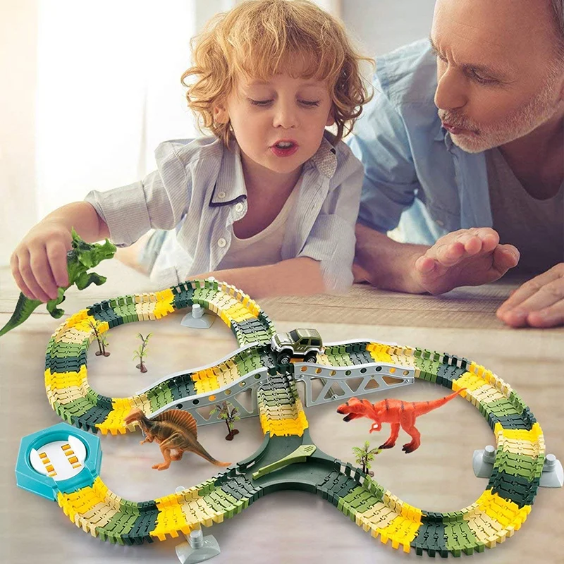 Amazon Simulation Dinosaur Race Car Track Toy Set 192PCS Flexible Tracks Toy for kid