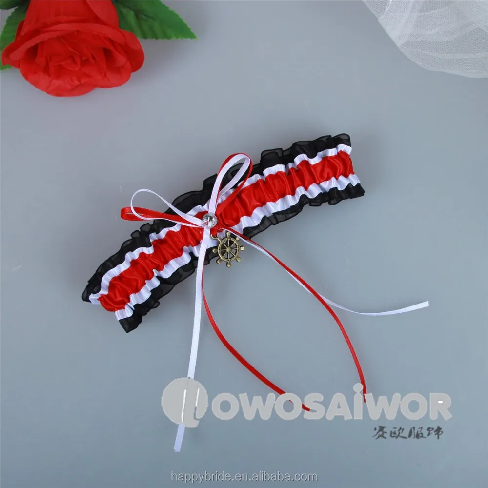 Набор эластичных свадебных поясов для чулок из органзы с красной лентой и черной тесьмой HT0057