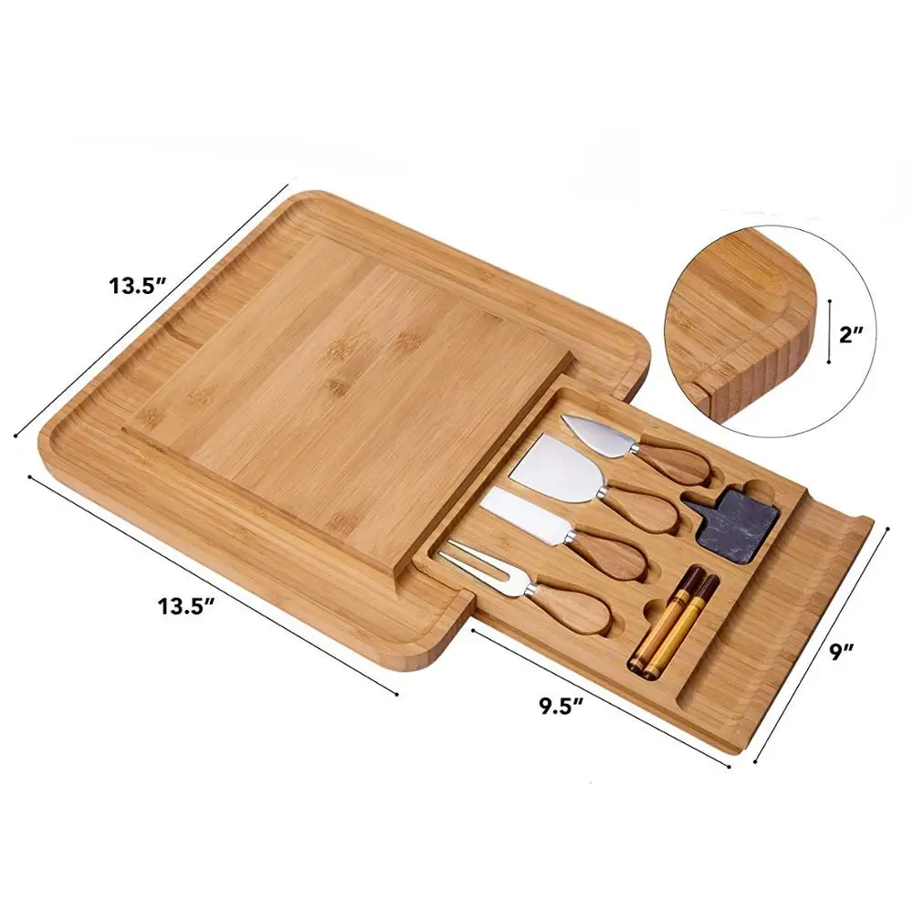 Бамбуковая доска для сыра, крекеры, Сервировочные столовые приборы, набор колбасных изделий с выдвижным ящиком, набор ножей