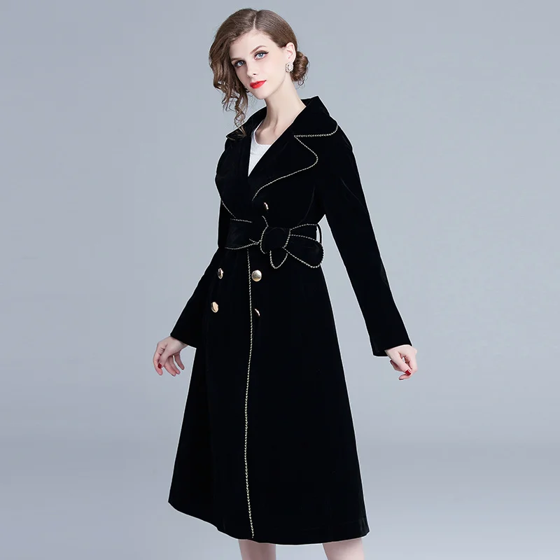 
Hepburn Style European and American Women Fashion Lines Patchwork Double Breasted A Line Velvet Black Coat 