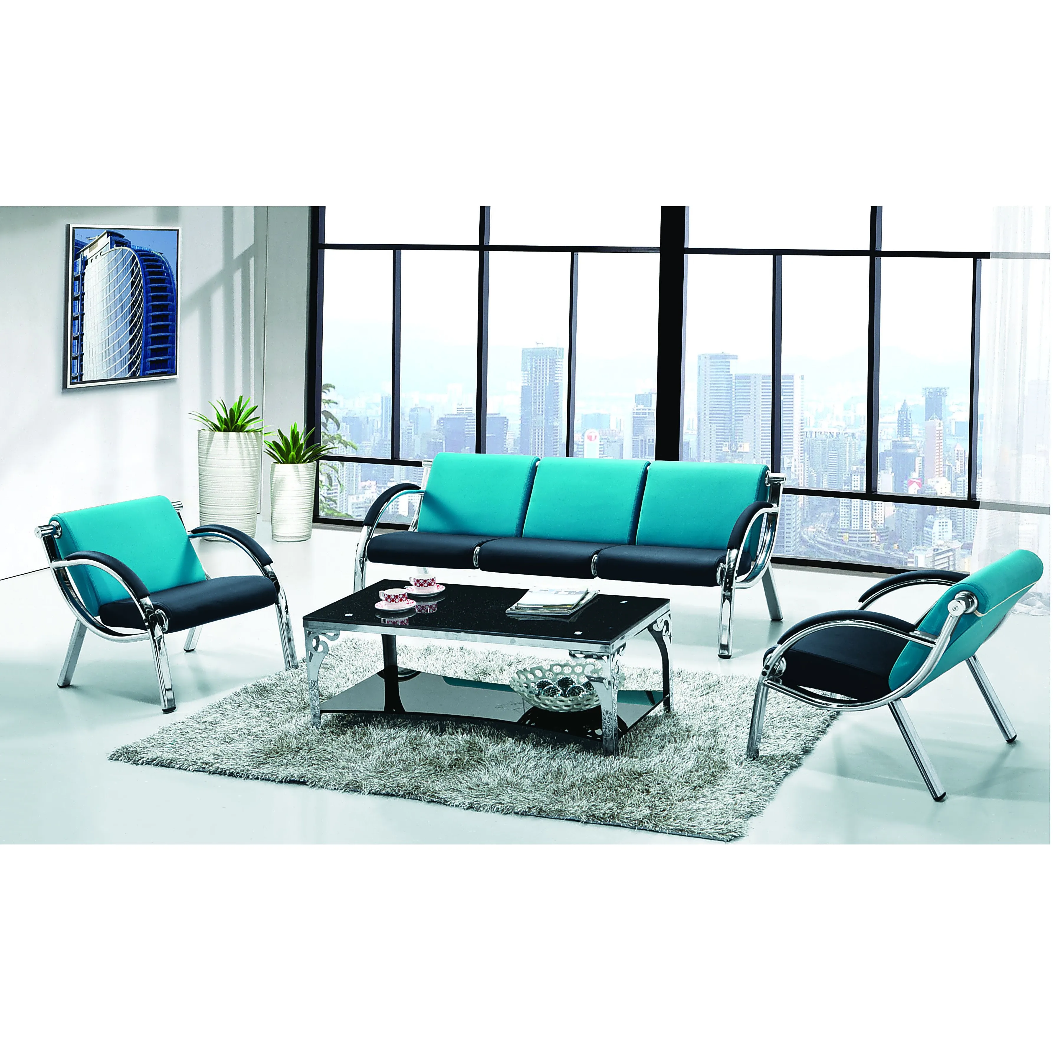 Металлические ножки, черный кожаный полиуретан, 123 мест, офисный диван для стойки