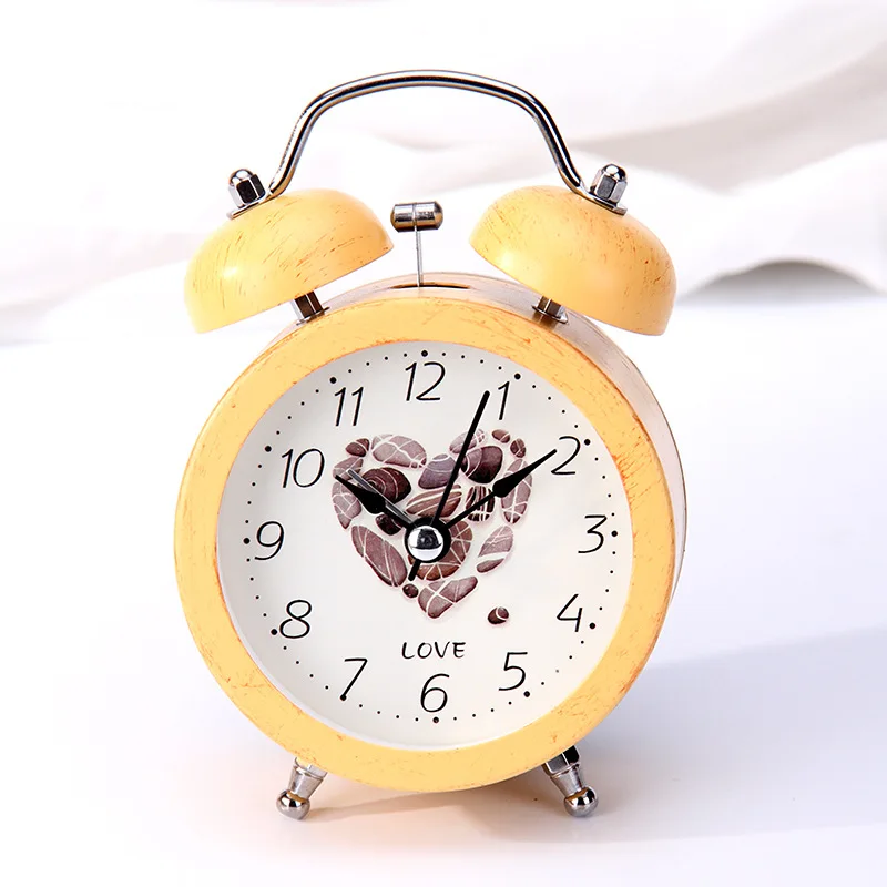 Metal twin bell alarm clock 3inch size with bamboo finishing case