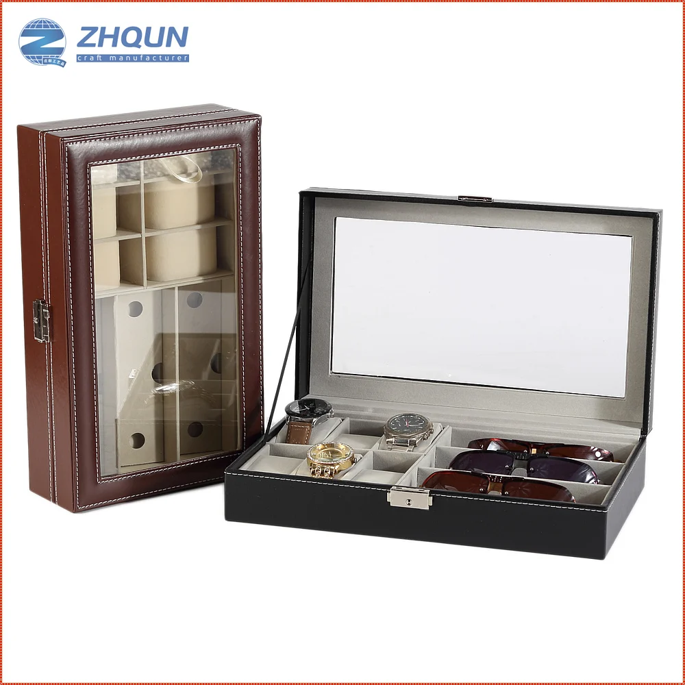 Pu Leather Beautiful Packing Fashion Storage Display Wholesale Combo 3 Sunglasses 6 Watch Holder Box