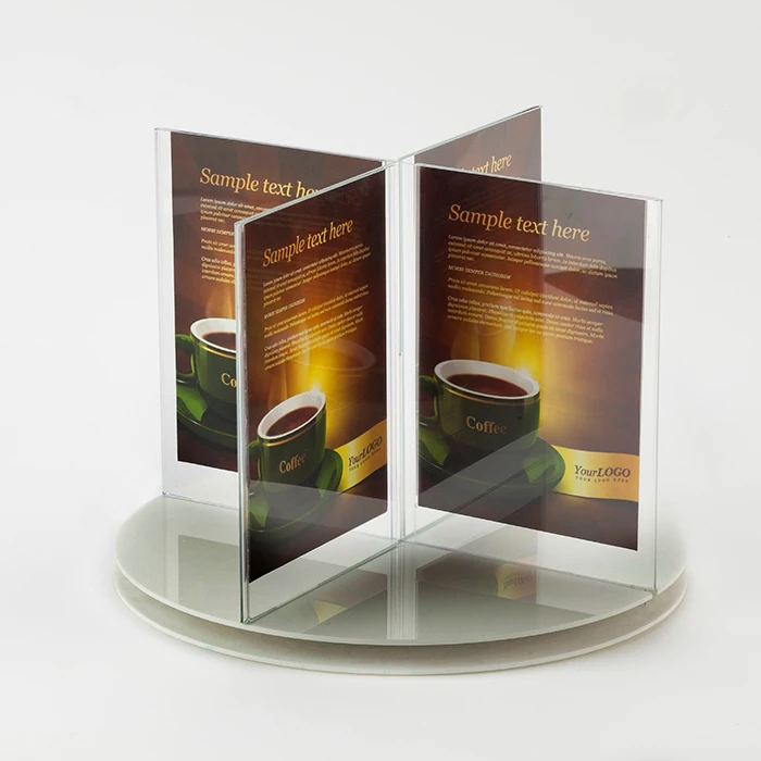 Custom Rotating Quadruple Elegant Clear Acrylic Poster Menu Display Stand For Restaurant Shops