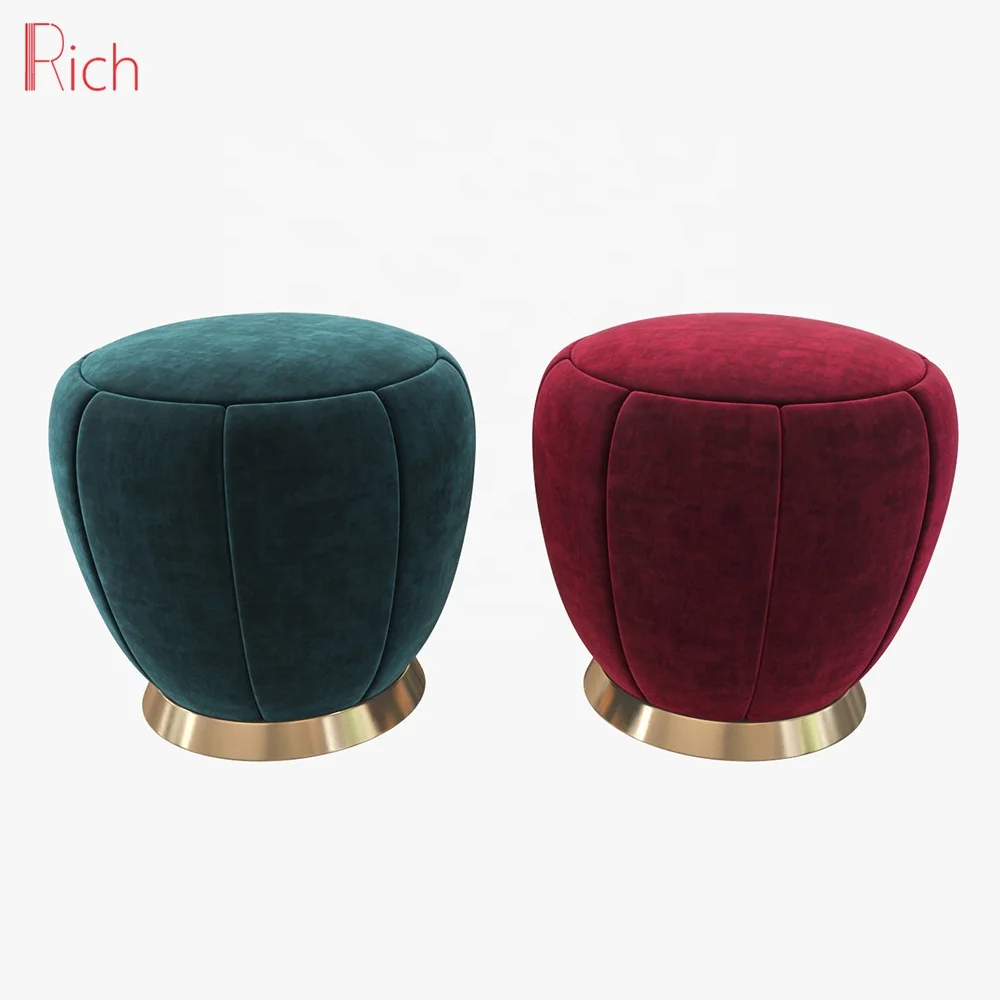 Home Furniture Living Room Teal Bedroom Footstool Modern Velvet Round Ottoman With Gold Base