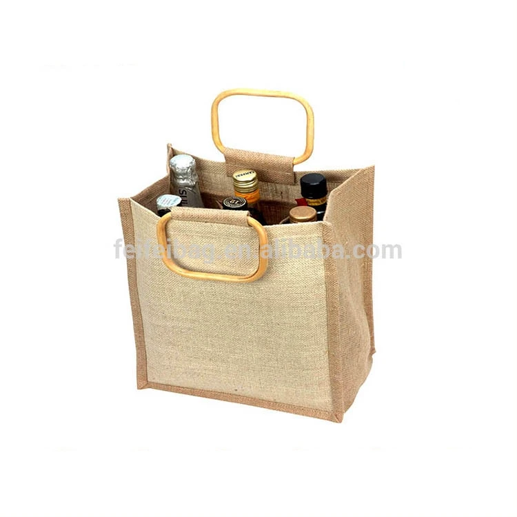 Wholesale Waterproof  hessian Burlap jute Tote Jute wine Bottle Bag with cord