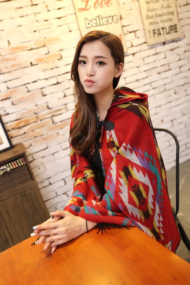 Women winter scarf cashmere Bohemian Hooded Coat Cape Poncho Shawl Scarf Tribal Fringe Hoodie Jacket capes