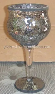 Silvery Mosaic Crackle Mirrored Glass Goblet Candle Holder