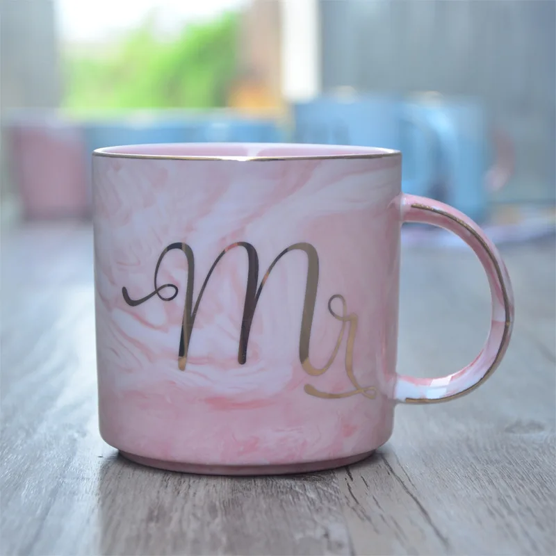 European Gold ceramic  breakfast coffee cup and milk tea cup Mr Ms letter Men women marble Mug