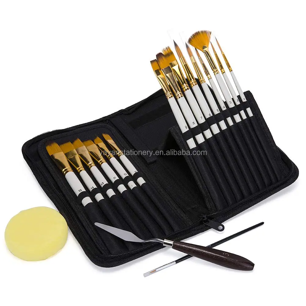 Professional 15pcs/set Gold Taklon Hair Different Hair Shape Acrylic Artist Paint Brushes for Artists Studio