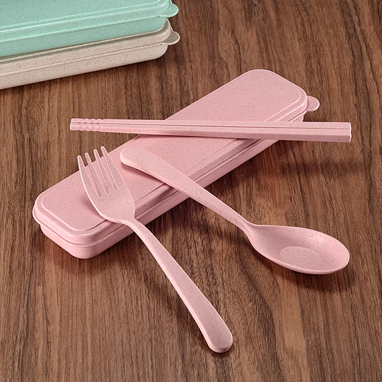 Good Quality Home Use Goods Green Colour Wheat Straw Fork Chopsticks Spoon Tableware Dinnerware Sets