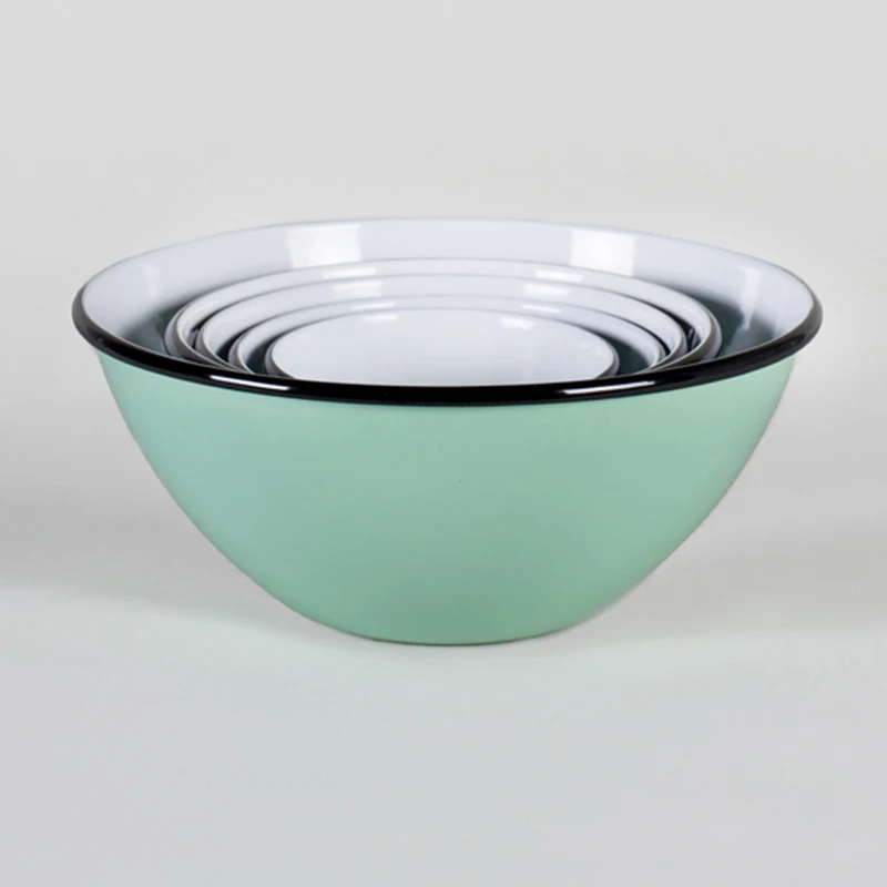 CHL custom 14cm 16cm 18cm 20cm large custom logo printed blue color sugar salar soup food rice enamel ware mixing bowls set