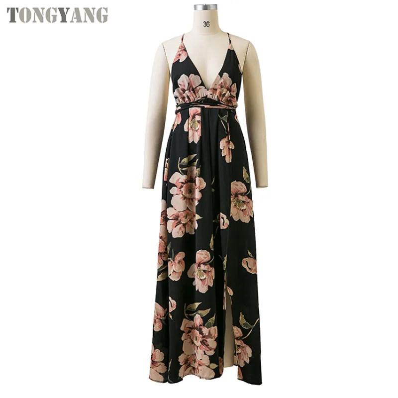 TONGYANG Summer Maxi Dress Women Floral Print Dress V-Neck Sleeveless Spaghetti Strap Backless Side Split Sexy Long Dress
