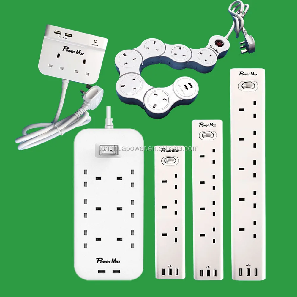 UK Extension Lead way, Extension socket 4 Gang BS CE UK Socket outlet 2 M Double 13 A BS 1363 wall socket with 2USB wall charger