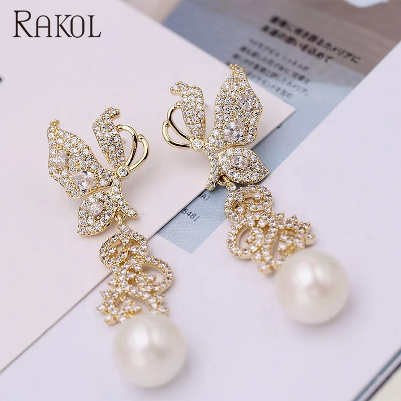 Rakol ZE1180 jewelry bridal butterfly pave cubic zircon pearl long drop earrings for women gift