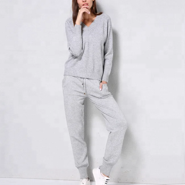
B23248A Women stylish Knitted V neck sets sweater trousers clothing set 
