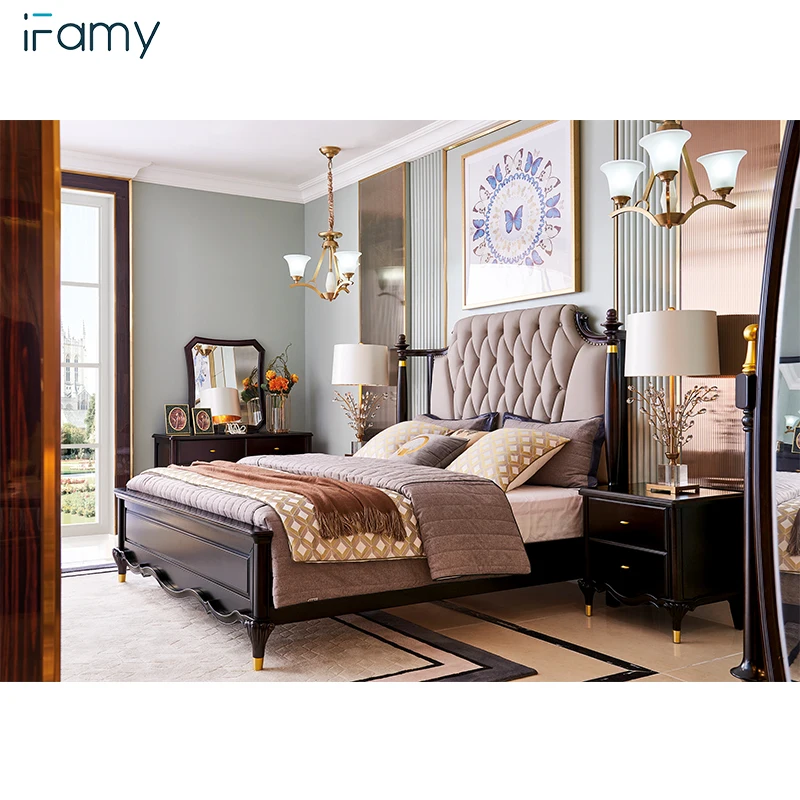 Walnut color latest bed design, 2m*1.8m size wooden bed models, beautiful pictures of wood double bed