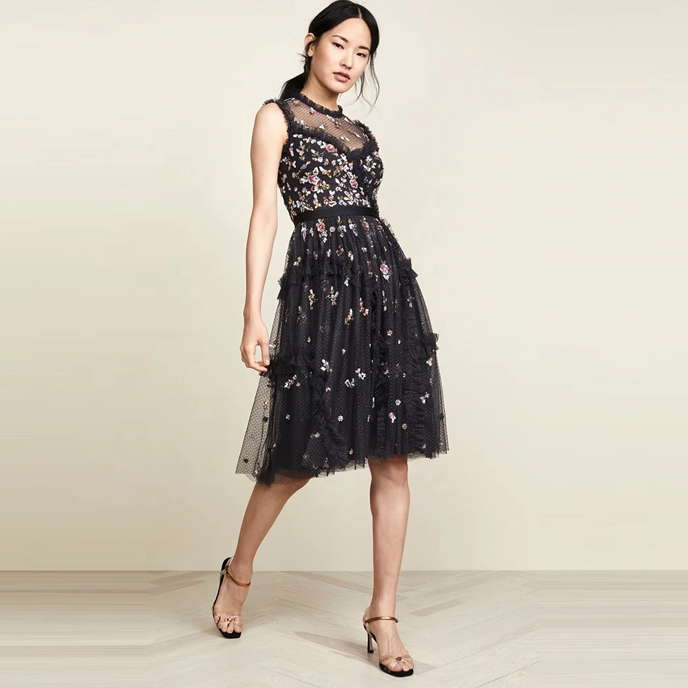 2023 New design elegant casual dress black sleeveless embroidery dress
