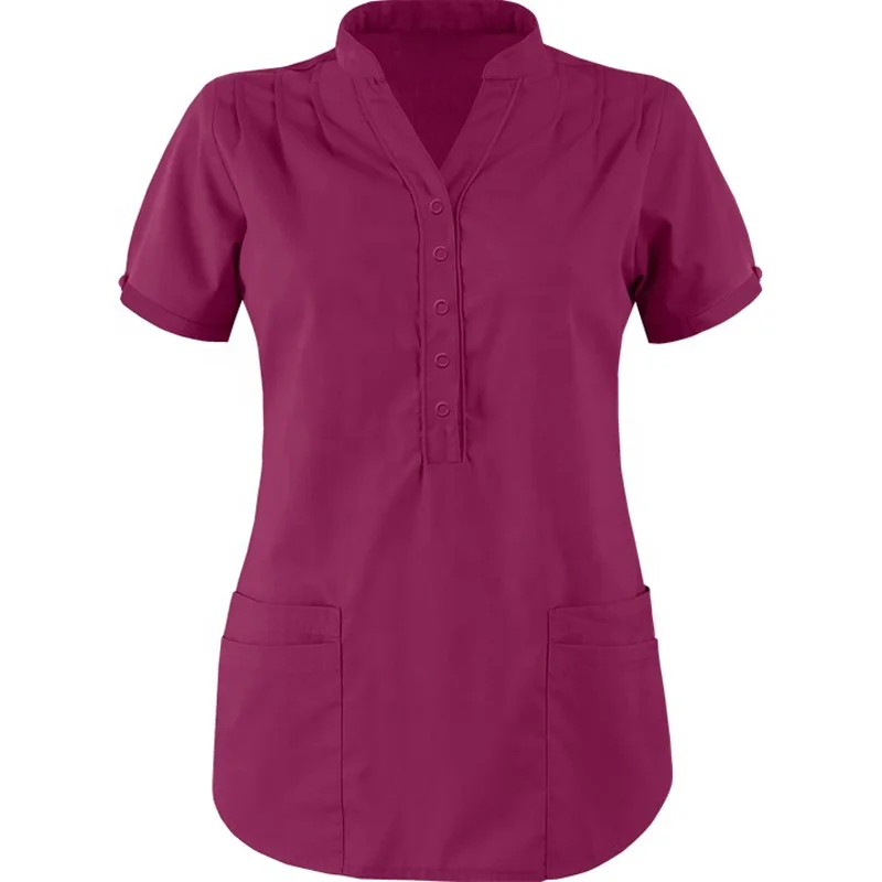 Mandarin Collar 4-Pocket Scrub Top with 5-Buttoned Snap Closure on the Front