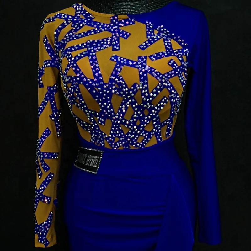 Custom made jewelry blue elegant crystals latin dance dress latin dance costume