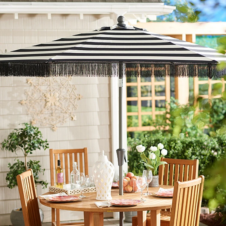Courtyard Garden Table Black And White Striped Wood Patio Umbrella WIth Tassel