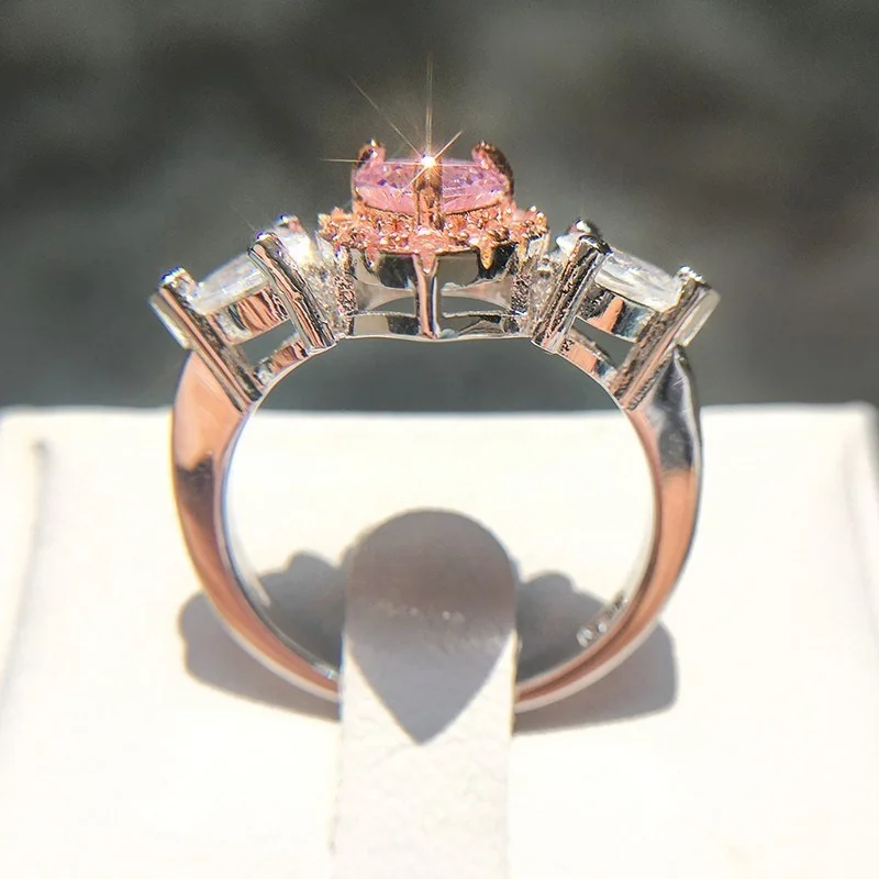 AC022612 AngryCat Women Princess Propose Marriage Pink Heart Cubic Zirconia Romantic Bridal Wedding 925 Silver Ring