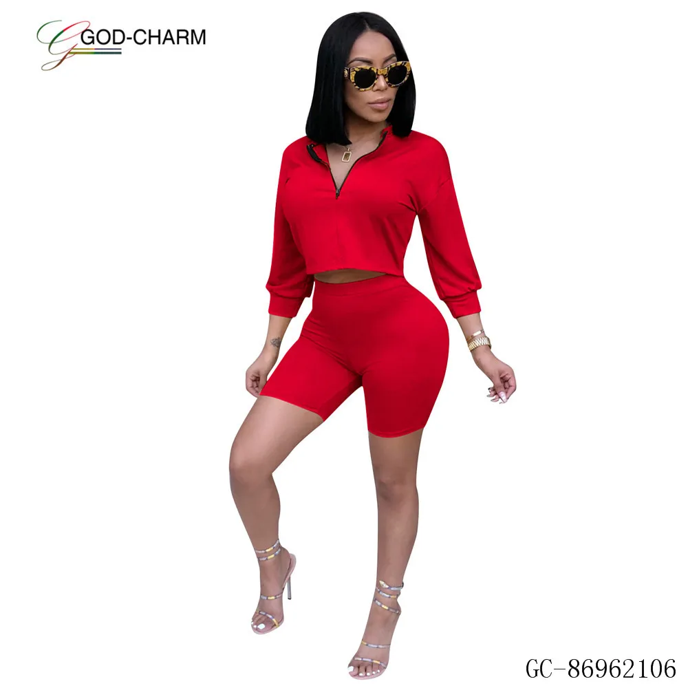 *GC-86962106 2020new Wholesale plain color zipper collar long sleeve t shirt and hot shorts two piece set blank women track suit