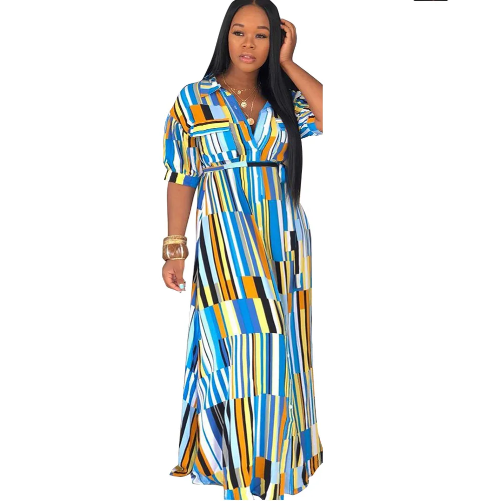 Wholesale women casual fashion striped button up maxi dress TC836