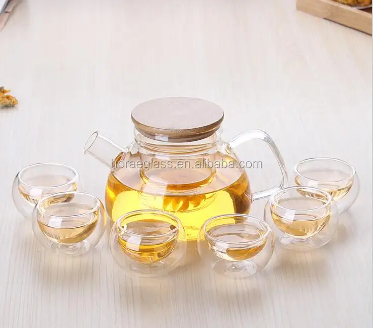 Glass Teapot with borosilicate glass infuser & wooden cover with tea cup sets
