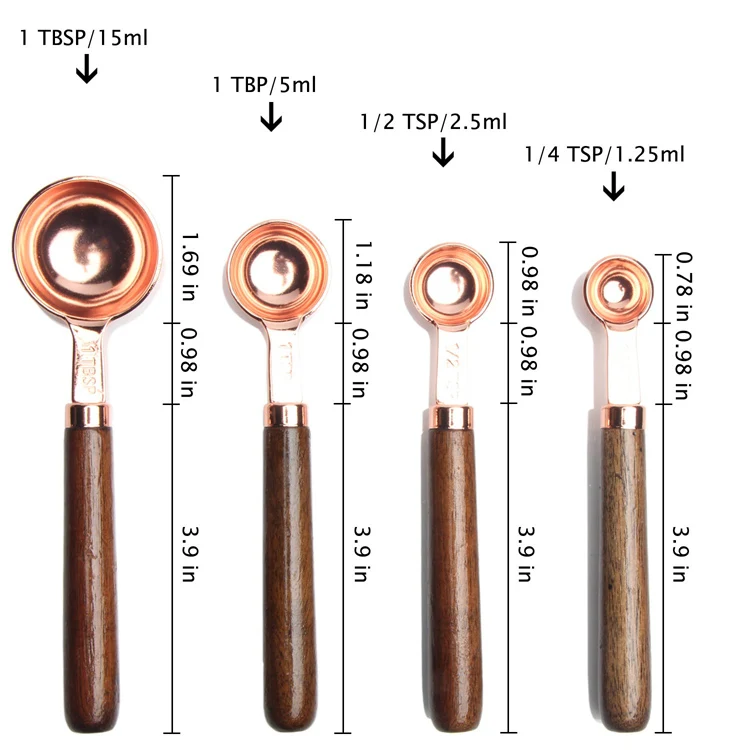 Copper Measuring Spoons Set of 4 Stainless Steel with Wooden Handle Engraved Measurements