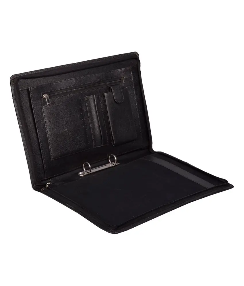 Black A4 PU Leather Zip Portfolio Folder Document File Folder with Stretchable Handle