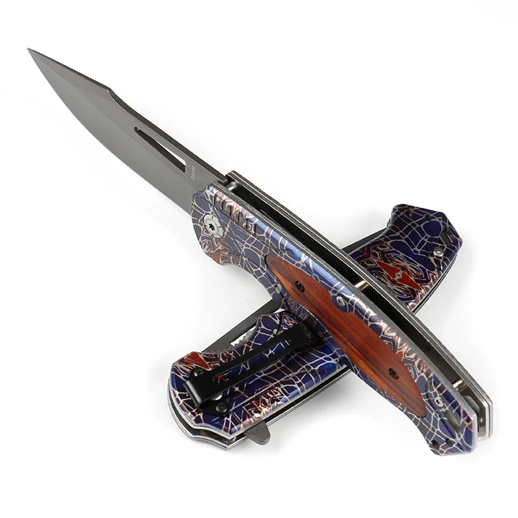 
440C stainless steel folding pocket knife camping knife with 3D printing pattern handle 
