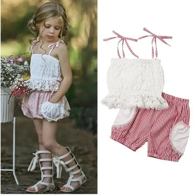 
GIRL Sweet Summer Outfit Baby White Lace ruffle tops & Striped BLOOMERS 2pcs Sets 