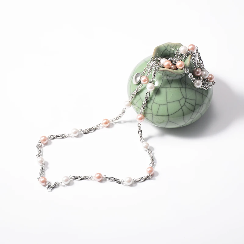 hot trend long glass pearl stainless steel chain necklace designs beaded necklaces