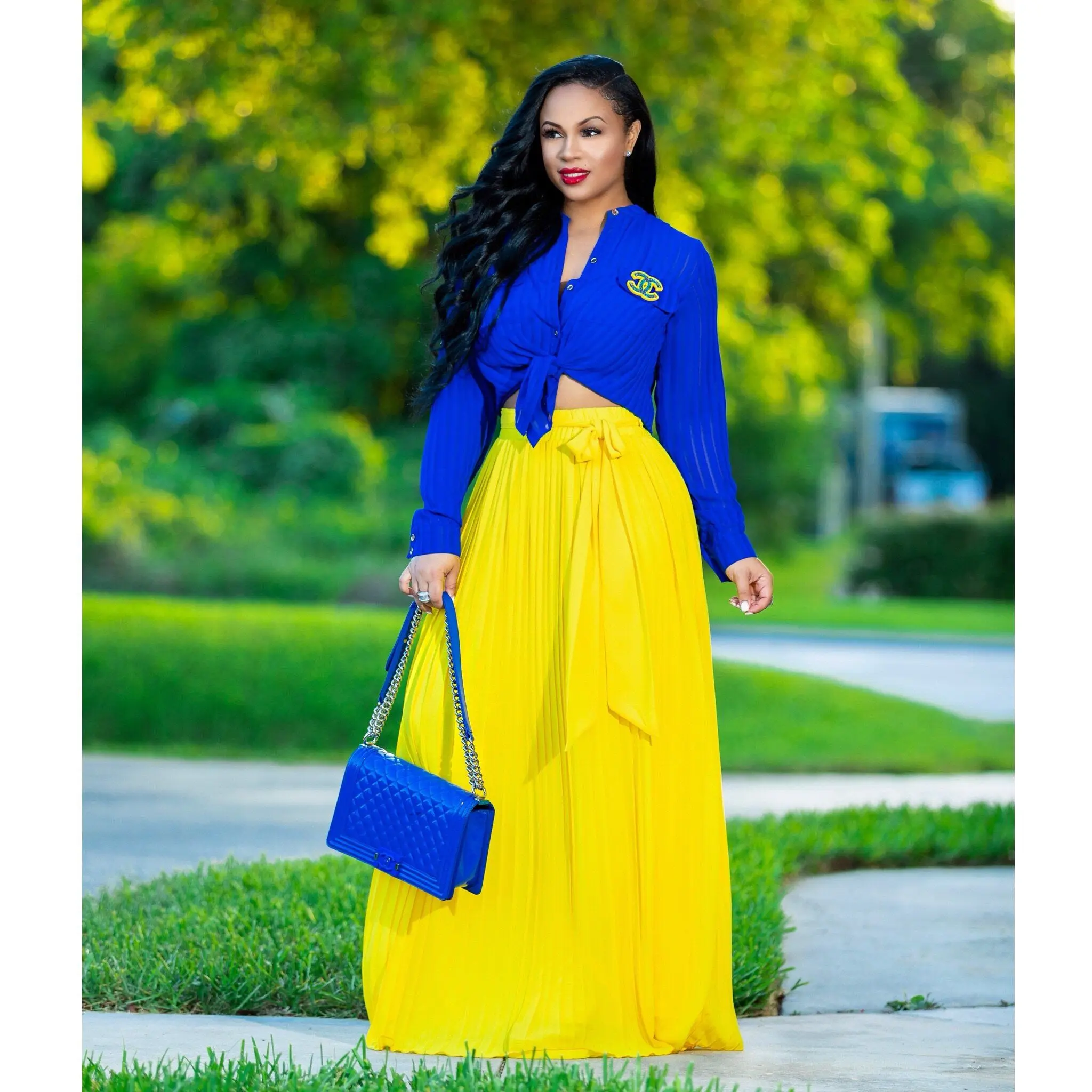 Wholesale women soild color long pleated chiffon skirts high quality crepe chiffon skirt with waist strap